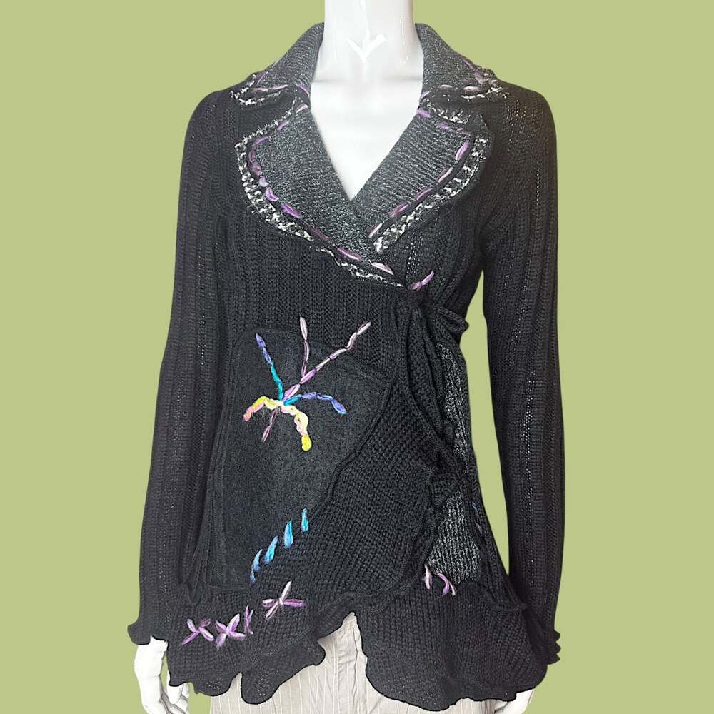 Vintage Black Knit Embroidered Flowy Cardigan with Freehand//floral Stitching